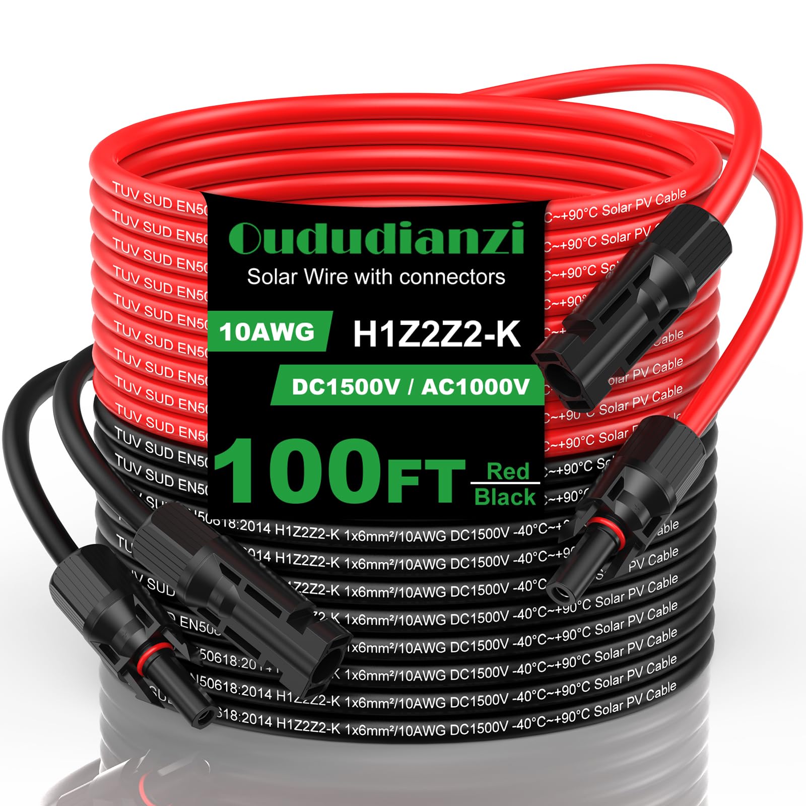 Oududianzi front packaging with two 100ft solar cables showing convenience