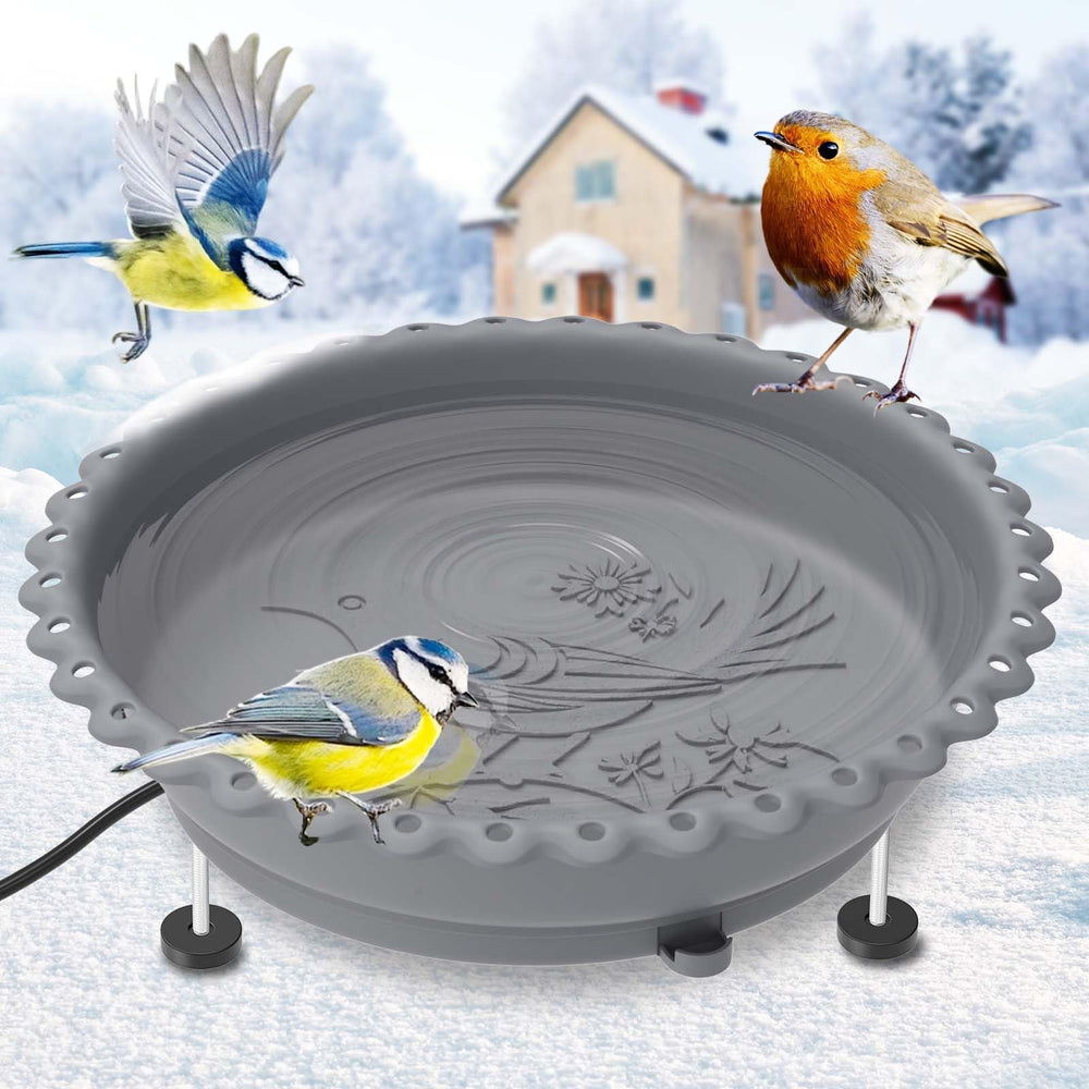 Ouinis heated bird bath front view showing gray basin and stable base benefit
