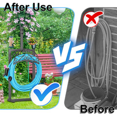 Ouinis holder placed in a garden showing tidy hose management and aesthetic benefit