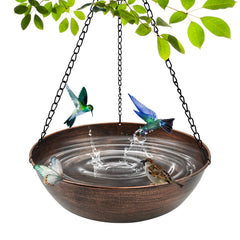 OUISJYER front view of 13-inch metal bird bath showing stable shallow bowl benefit