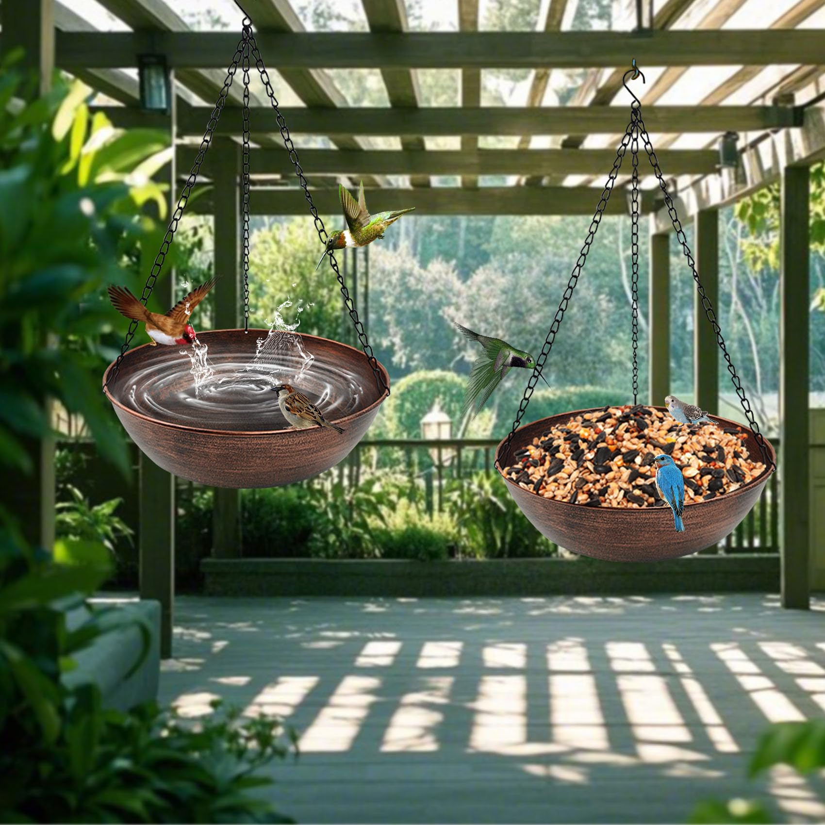 OUISJYER bird bath next to a hand showing 13-inch scale and easy portability benefit