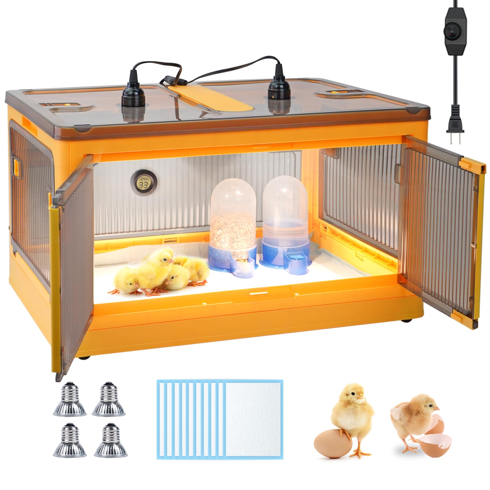 OUJIMAI brooder box front view showing compact design and benefits