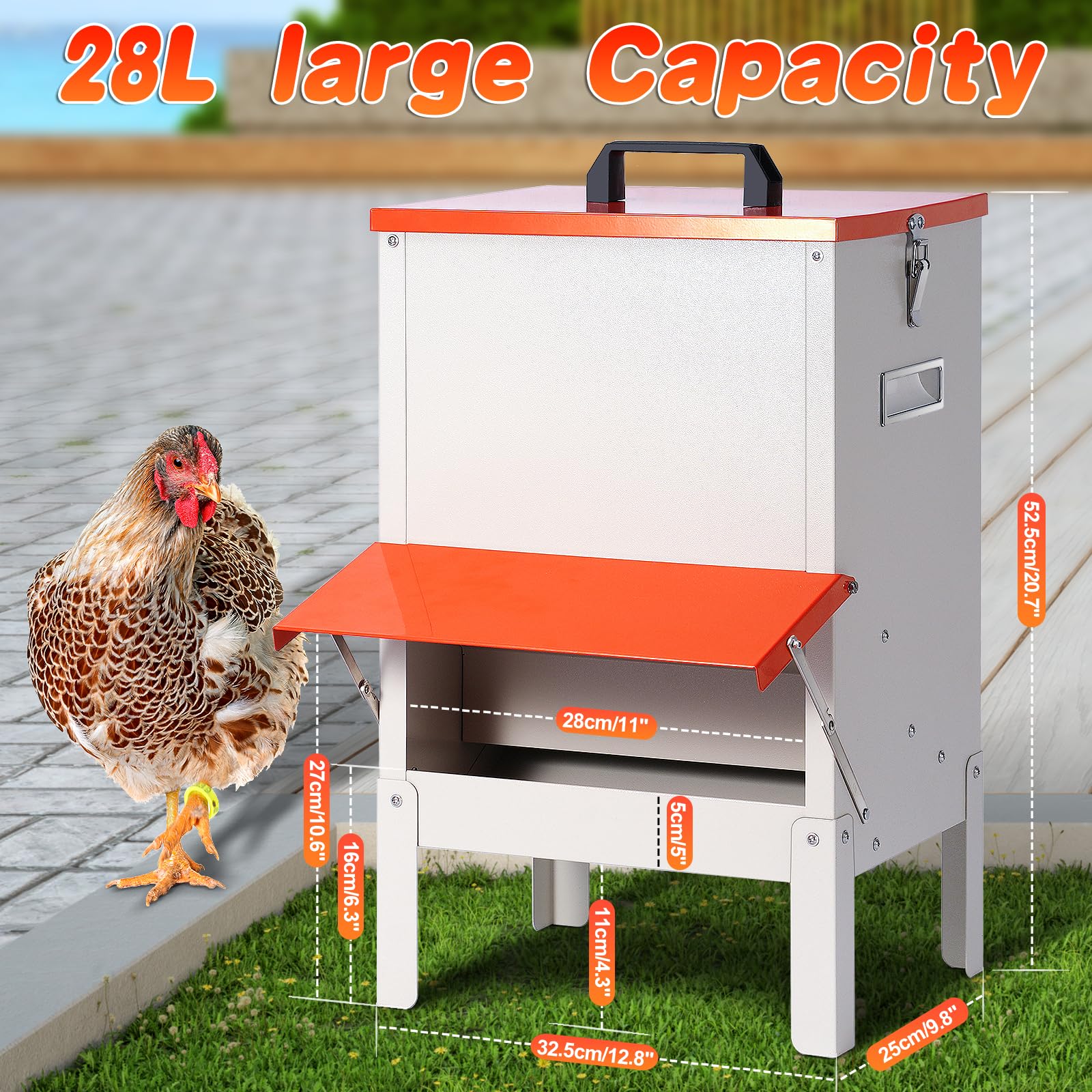 OUJIMAI feeder next to a scale illustrating 30 lb capacity for fewer refills