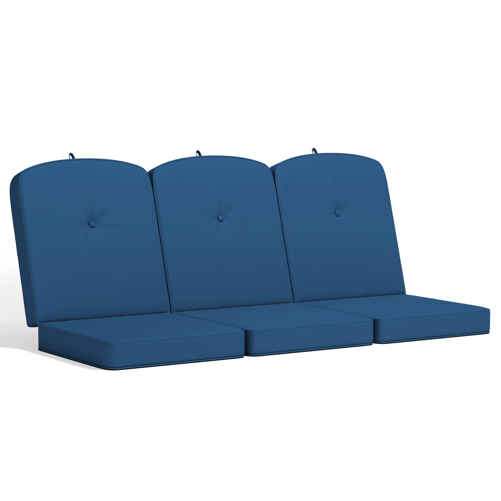 Oungelark front view of blue three-seater cushions showing full coverage and curb appeal