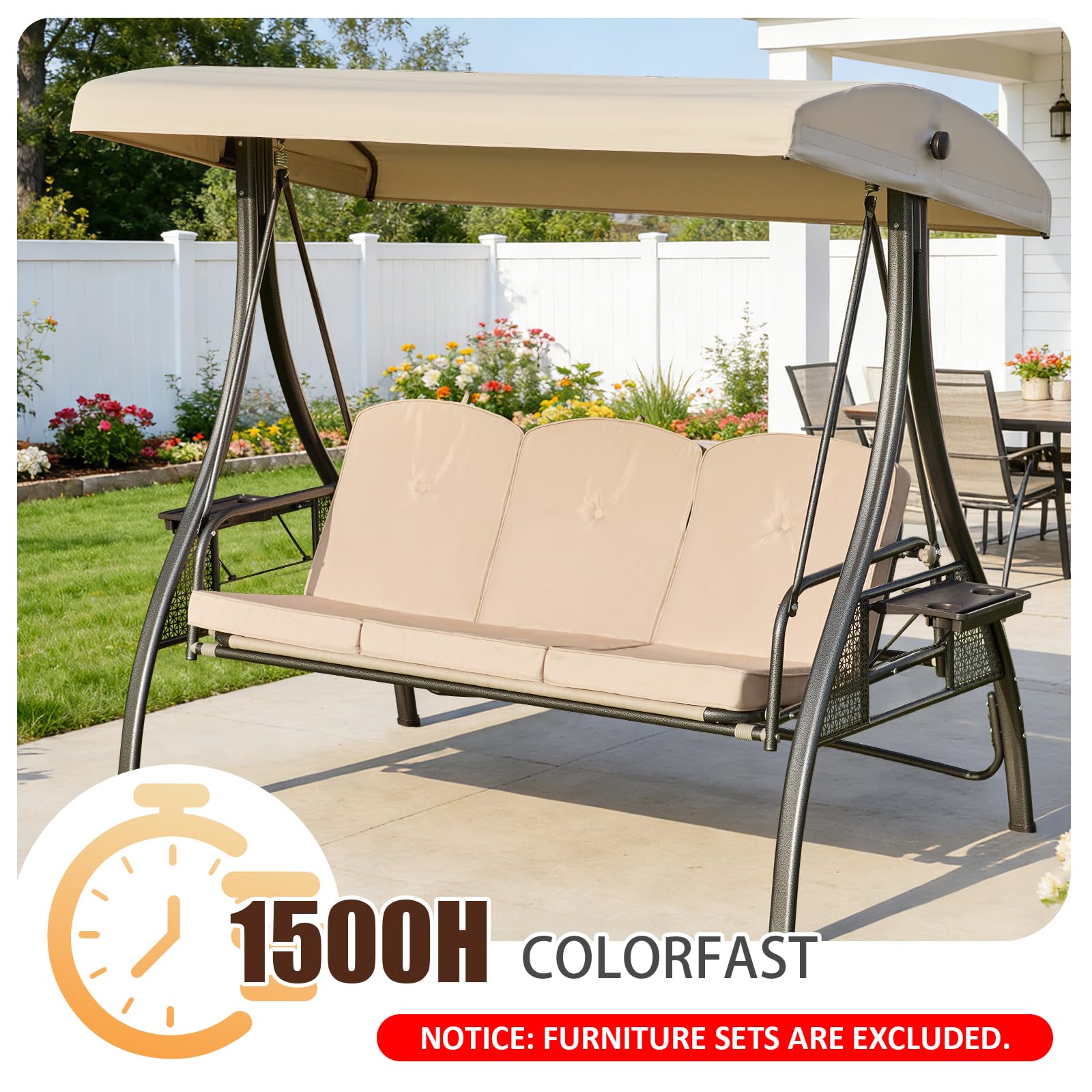 Oungelark cushions on swing showing accurate size and scale for 3-seater