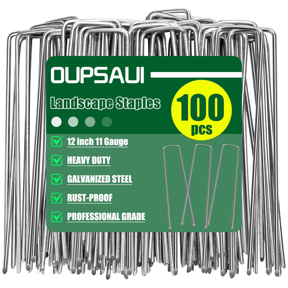 OUPSAUI front view of 100pcs galvanized staples showing pack and stakes benefit durability