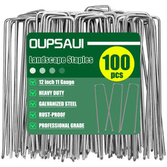 OUPSAUI front view of 100pcs galvanized staples showing pack and stakes benefit durability