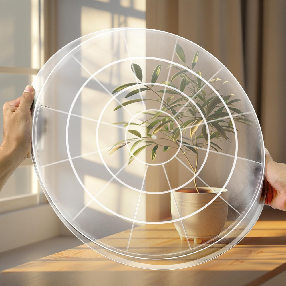 OUPSAUI saucer beside a pot showing 16 inch diameter scale for fit confirmation