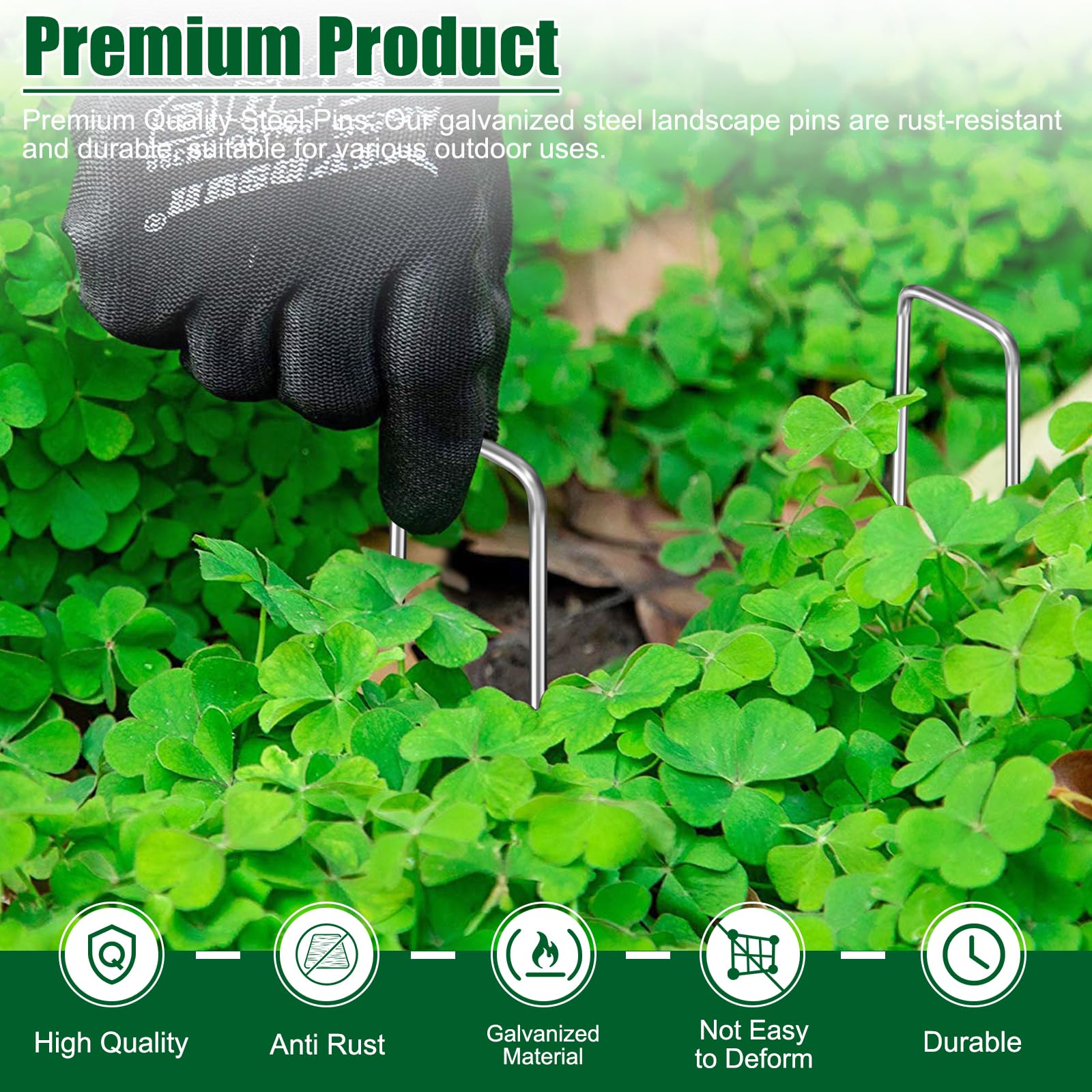 OUPSAUI stakes holding landscape fabric flat demonstrating weed-prevention benefit