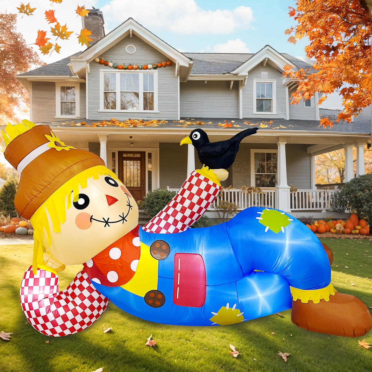 OurWarm front view of 10ft scarecrow creating strong curb appeal