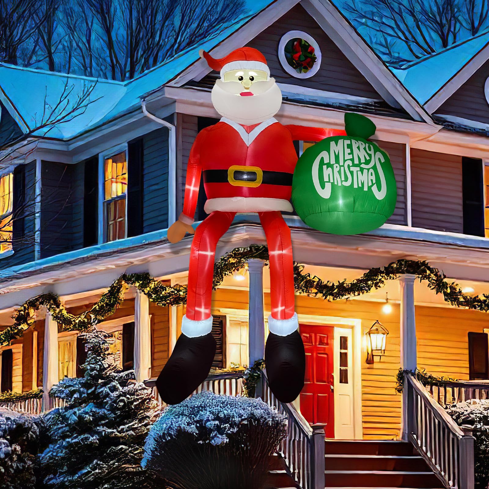 OurWarm climbing Santa front view showcasing tall festive presence and curb appeal