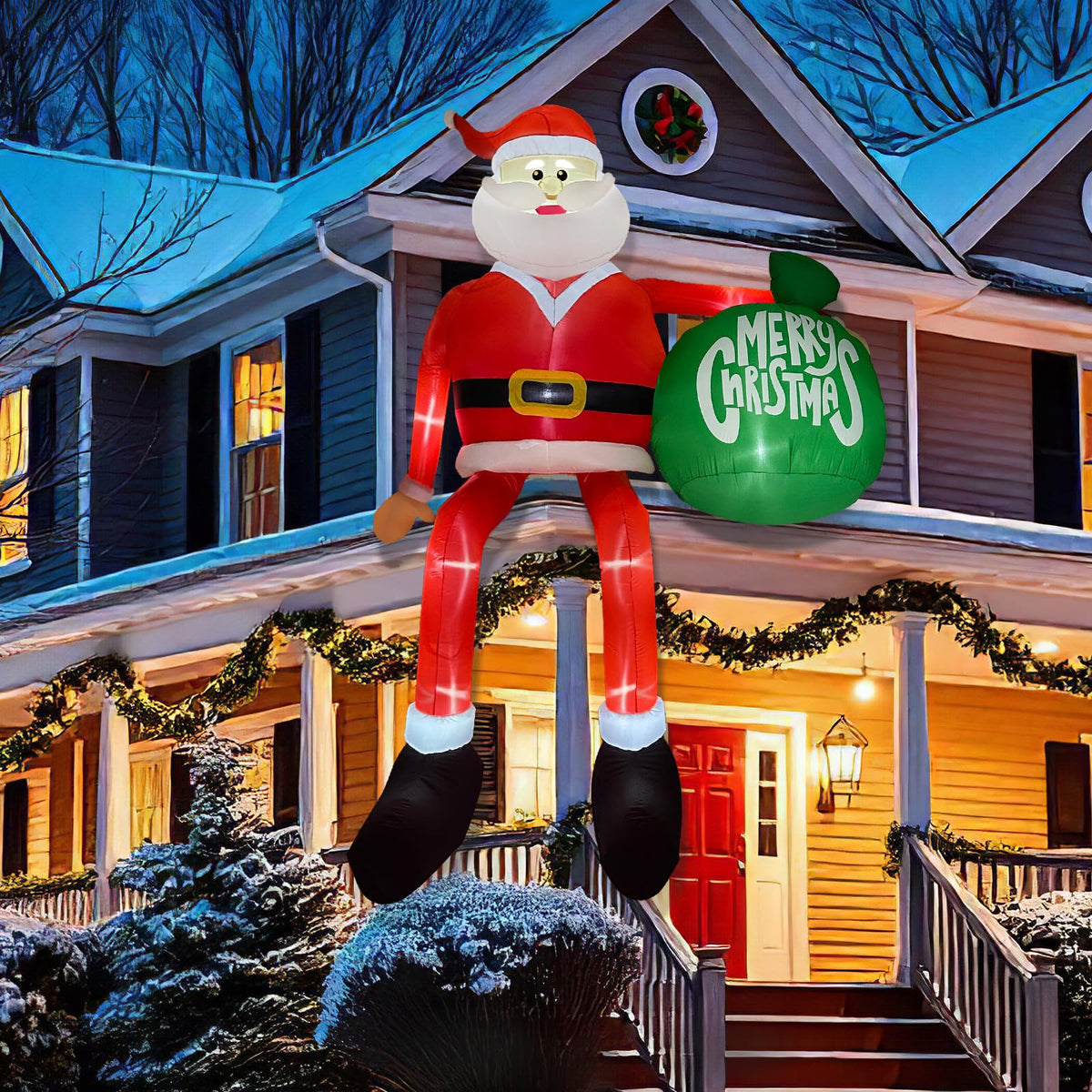 OurWarm climbing Santa front view showcasing tall festive presence and curb appeal