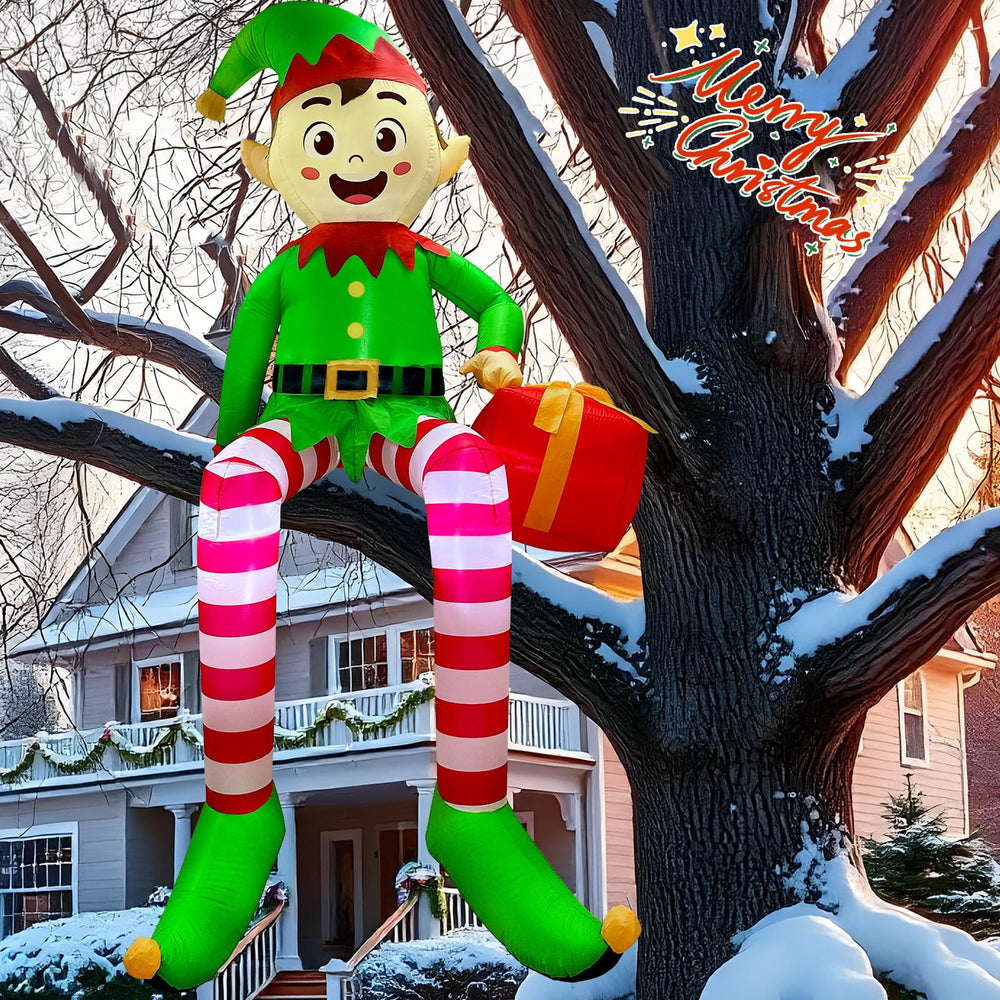 OurWarm elf beside person illustrating 8 ft scale and eye-catching size