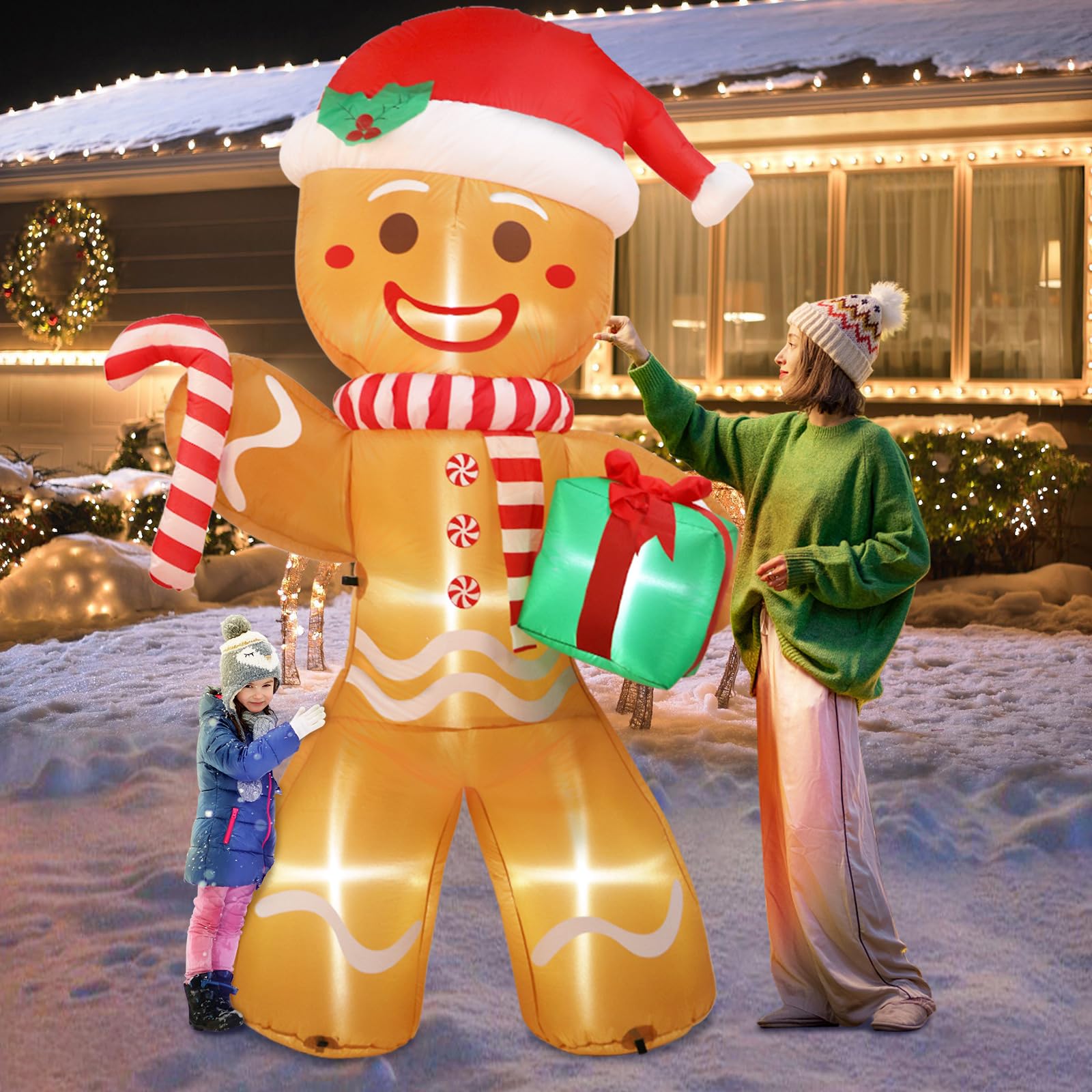 OurWarm gingerbread inflating fan in use for fast inflation convenience