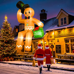 OurWarm side view shows gingerbread holding festive gift bag for charm