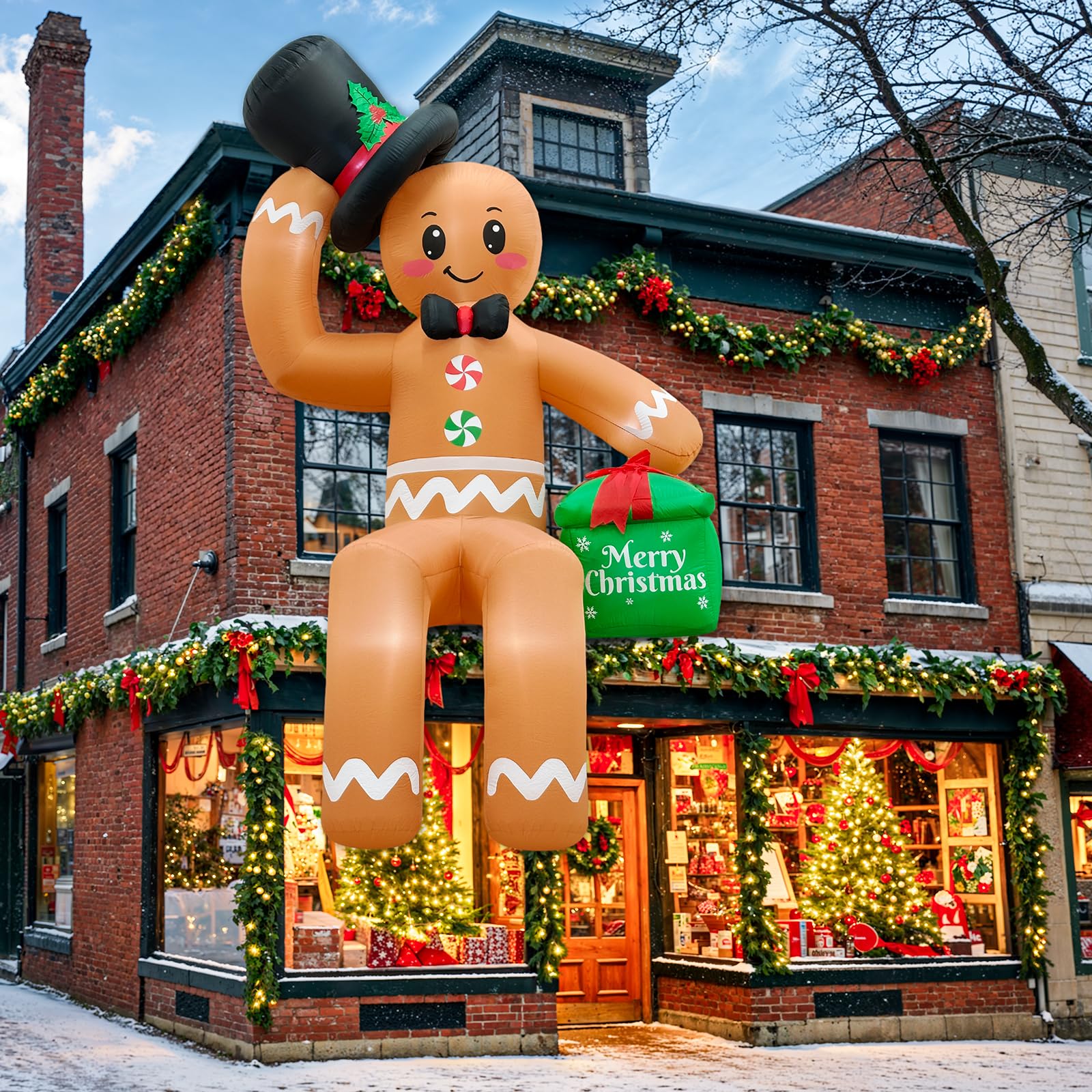 OurWarm gingerbread next to house showing 16ft scale for impressive height