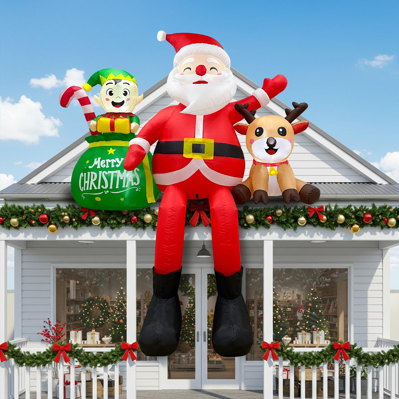 OurWarm front view of 8ft Santa inflatable showing festive display and curb appeal