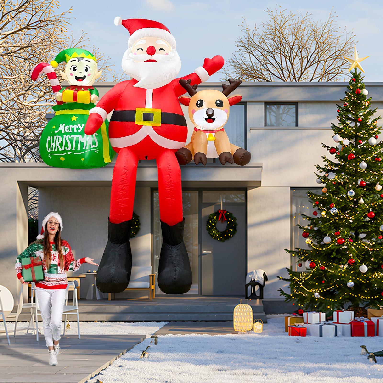 OurWarm Santa inflatable positioned on a rooftop creating standout neighborhood display