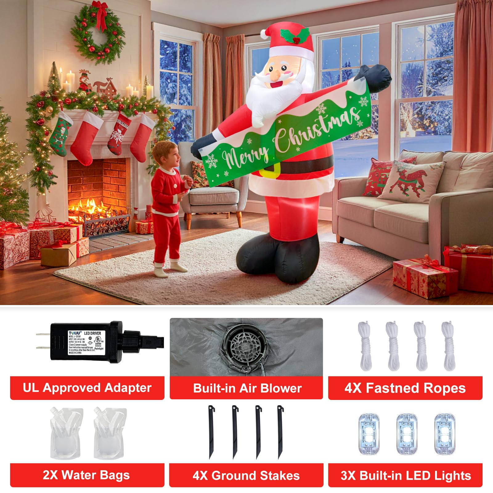 OurWarm Santa lit at night with bright LED lights for visibility