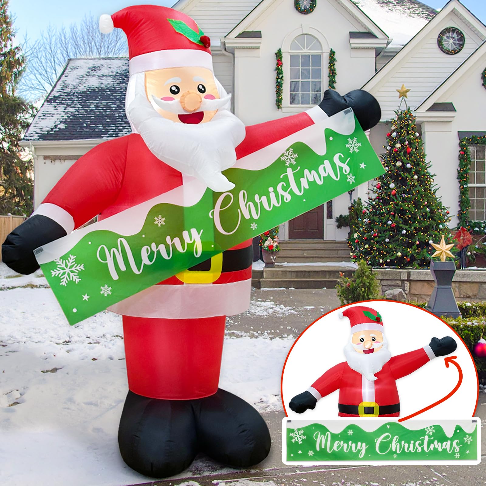 OurWarm Santa next to a person showing 6ft height and scale