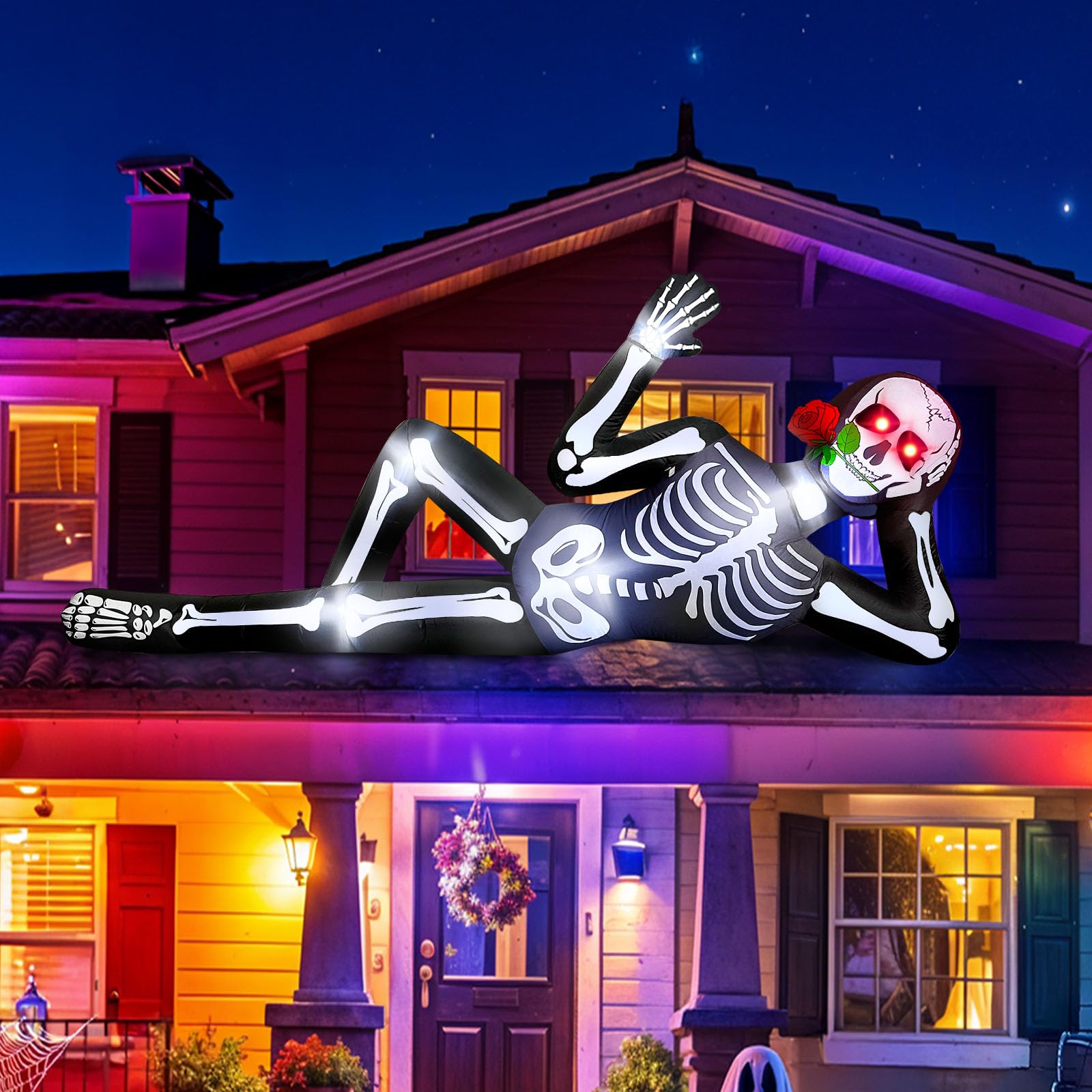 OurWarm skeleton displayed on a rooftop for dramatic Halloween impact
