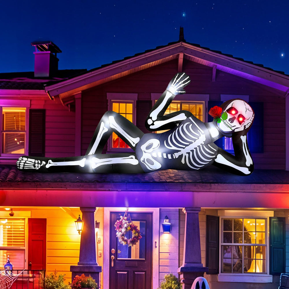 OurWarm skeleton displayed on a rooftop for dramatic Halloween impact