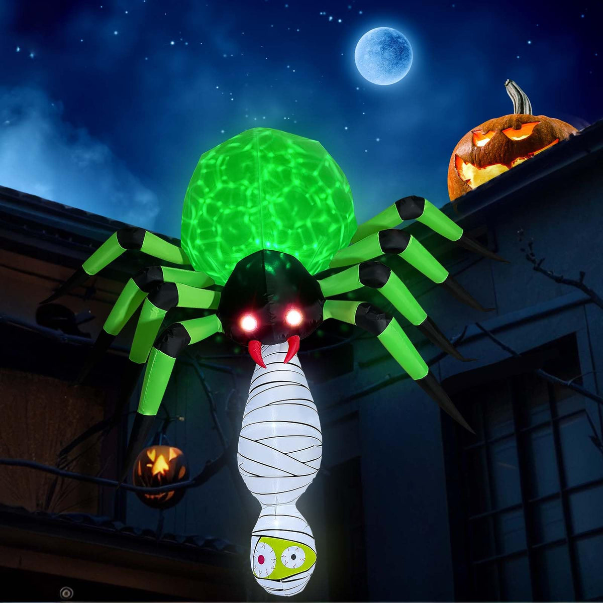OurWarm spider front view showing full 7ft height and spooky presence