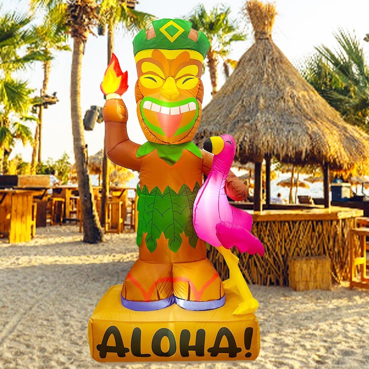 OurWarm tiki front view showing playful flamingo, great for welcoming guests
