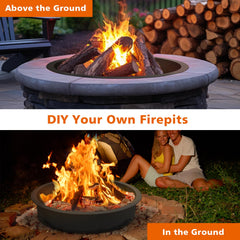 OUSHENG fire pit ring placed in a backyard setting demonstrating landscape integration