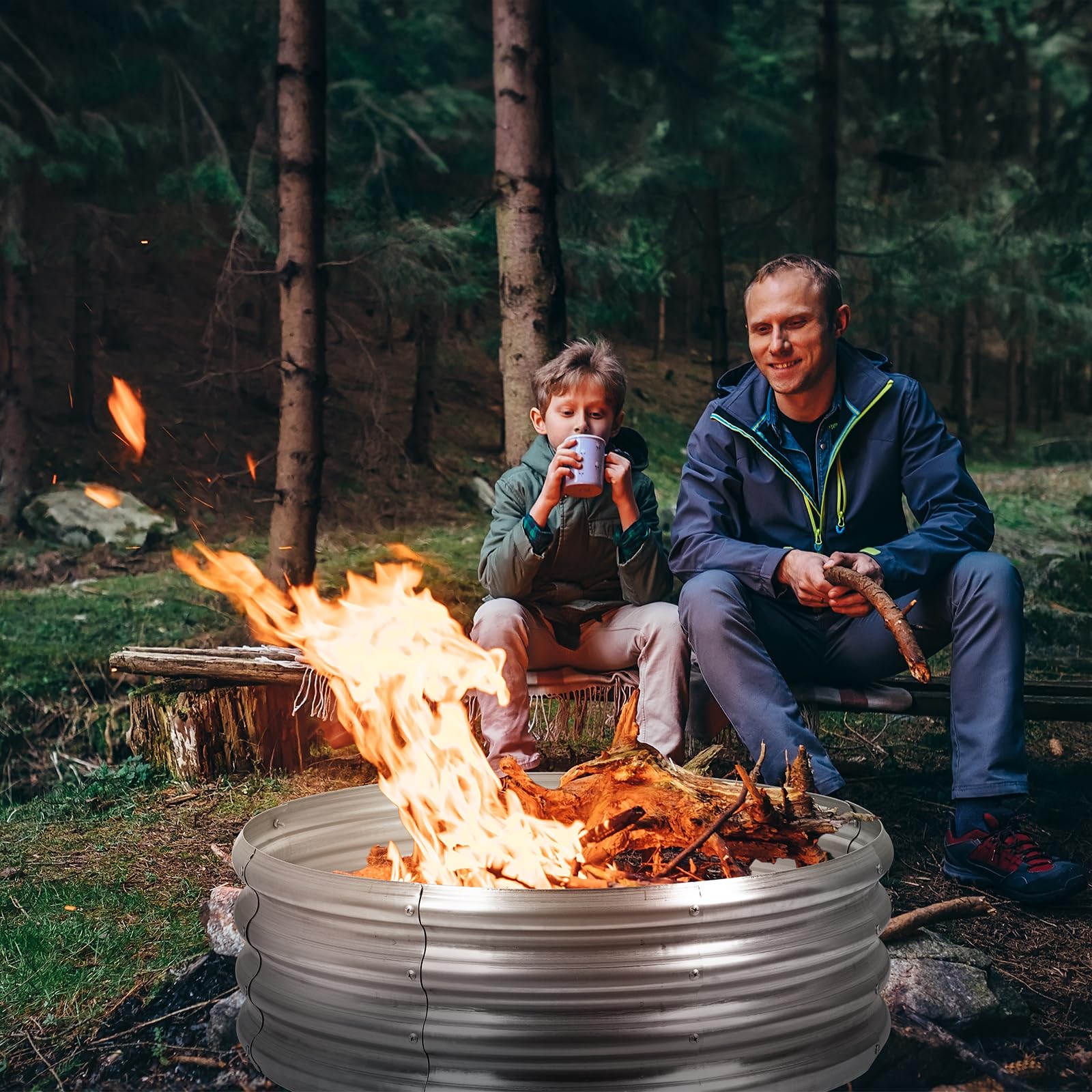 OUSHENG fire pit in use at campsite demonstrating contained warmth and ambiance