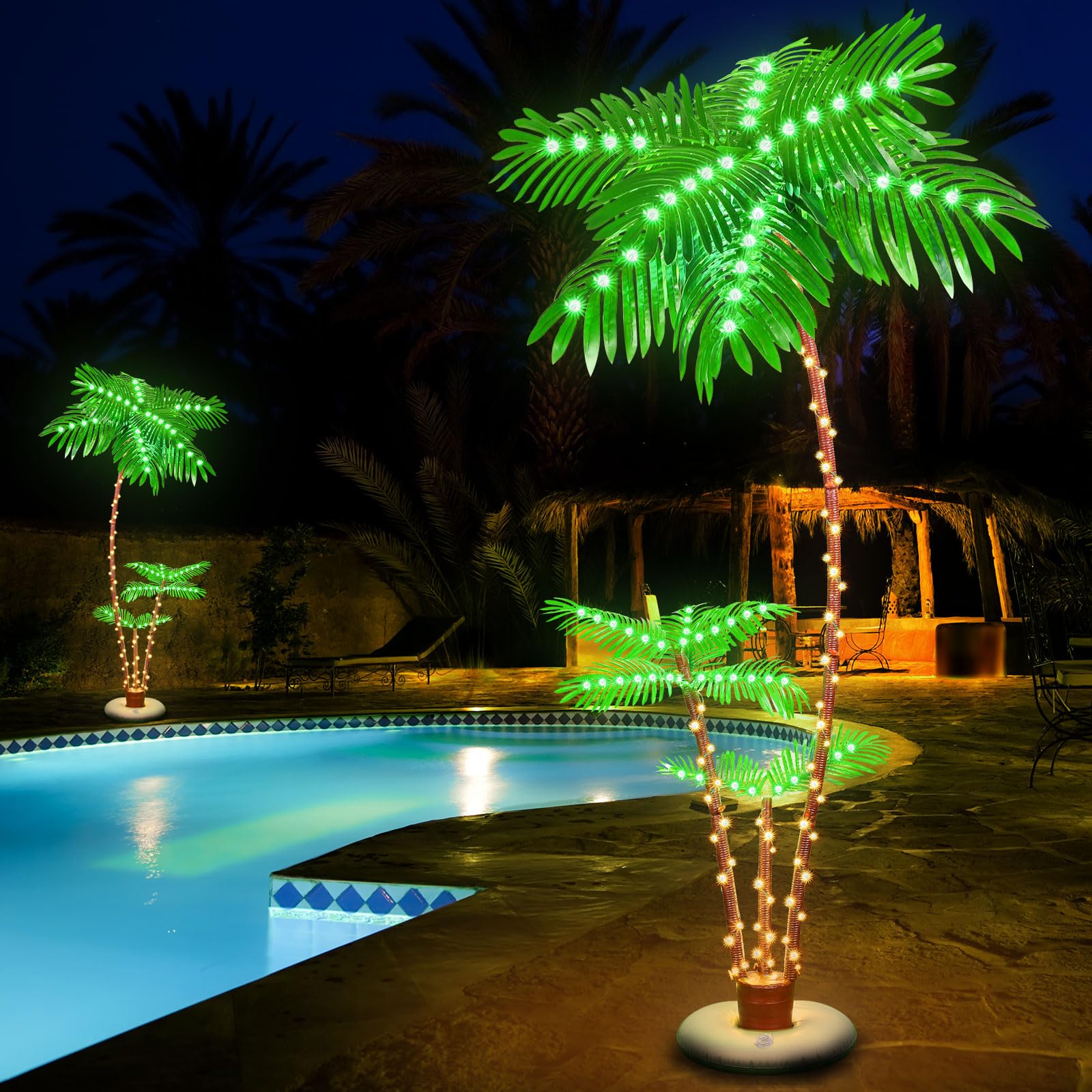 OUSHENG lit palms on patio at night creating festive outdoor ambiance