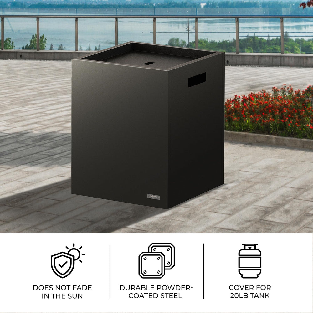 Outdoor Living Perfected Dunbar beside a fire pit demonstrating concealed propane and neat styling