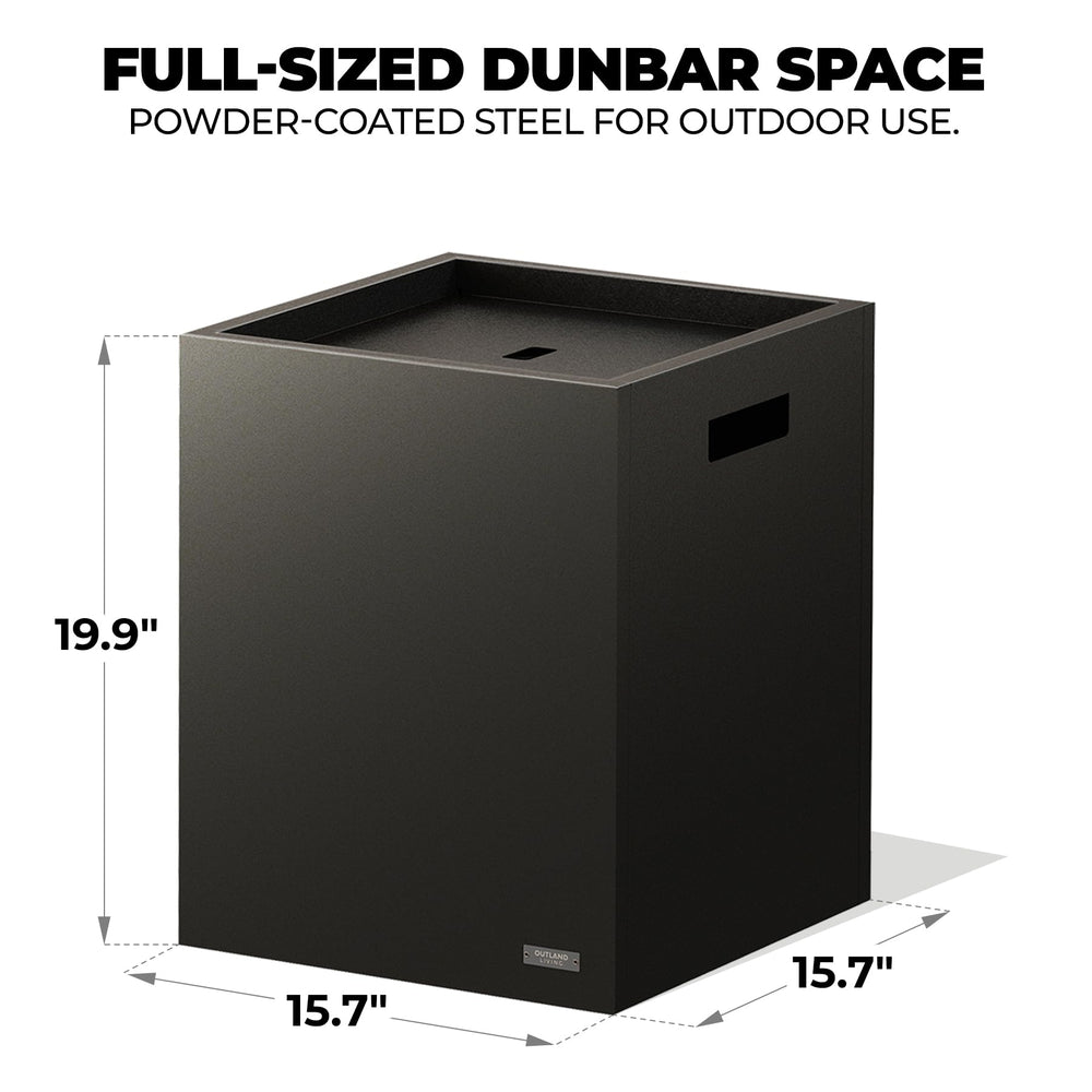 Outdoor Living Perfected Dunbar next to patio chair showing scale and functional tabletop height