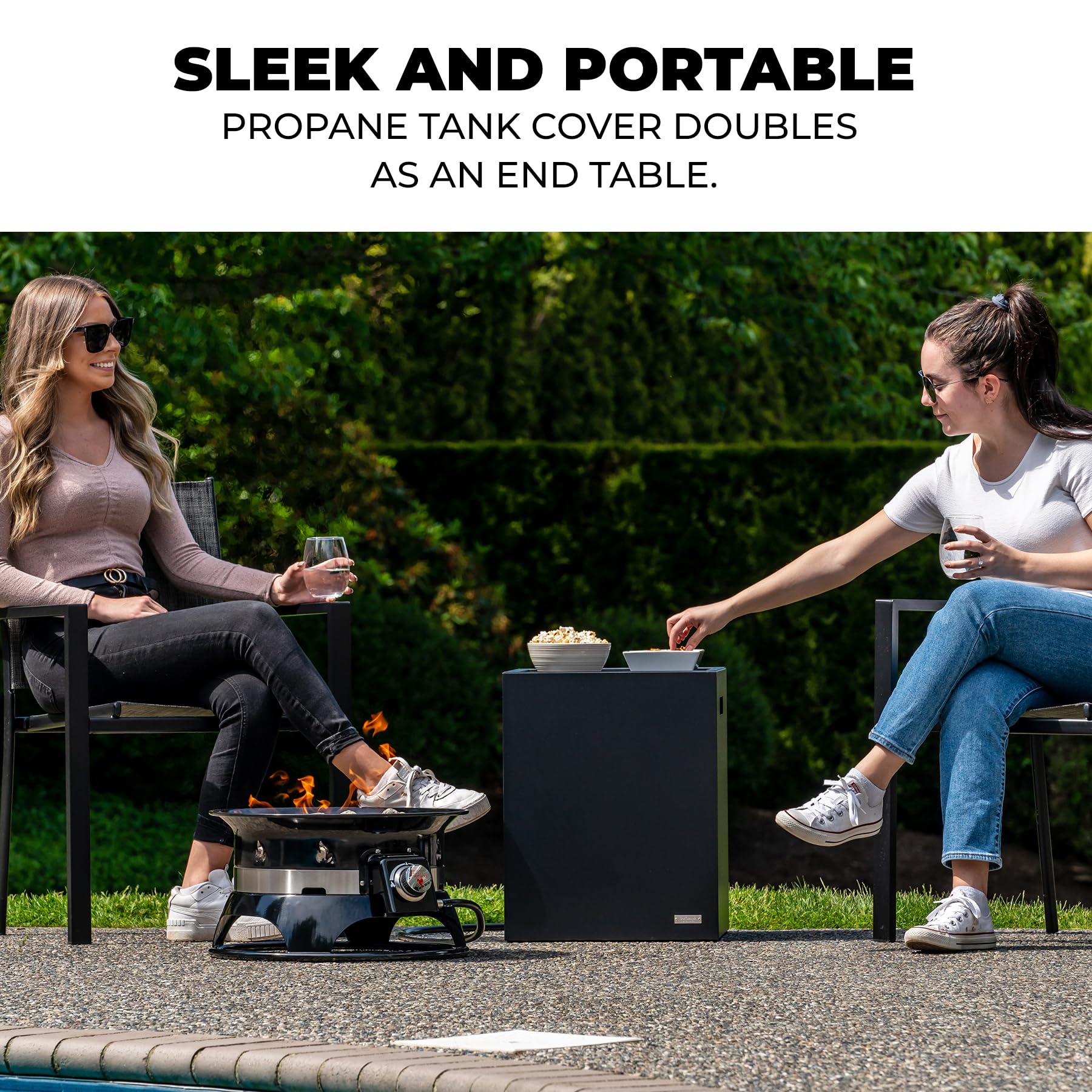 Outdoor Living Perfected Dunbar removable drink tray on top for secure beverage placement