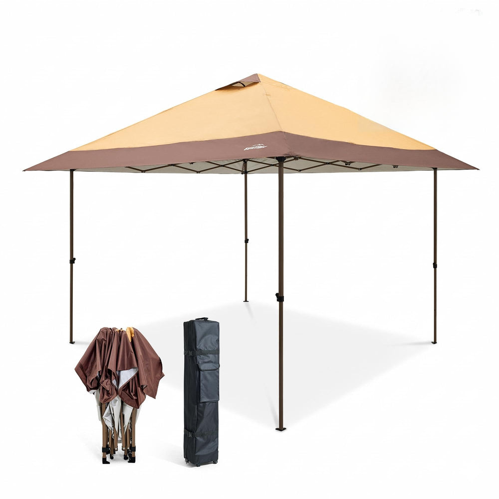OUTDOOR LIVING SUNTIME front view showing full khaki canopy and shade coverage