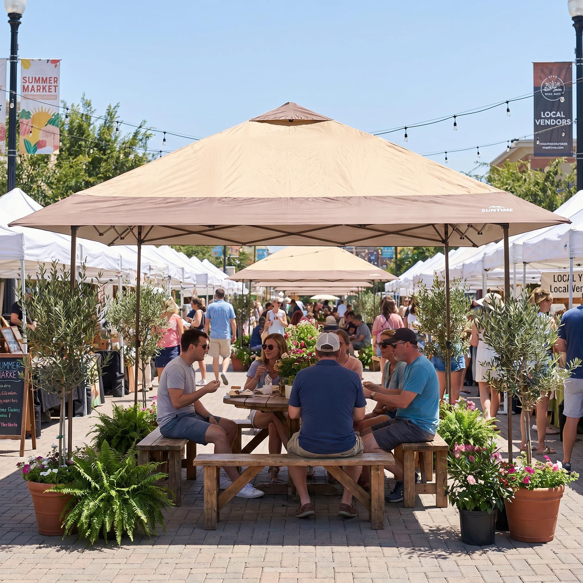 OUTDOOR LIVING SUNTIME vendor tent at market showing professional presentation