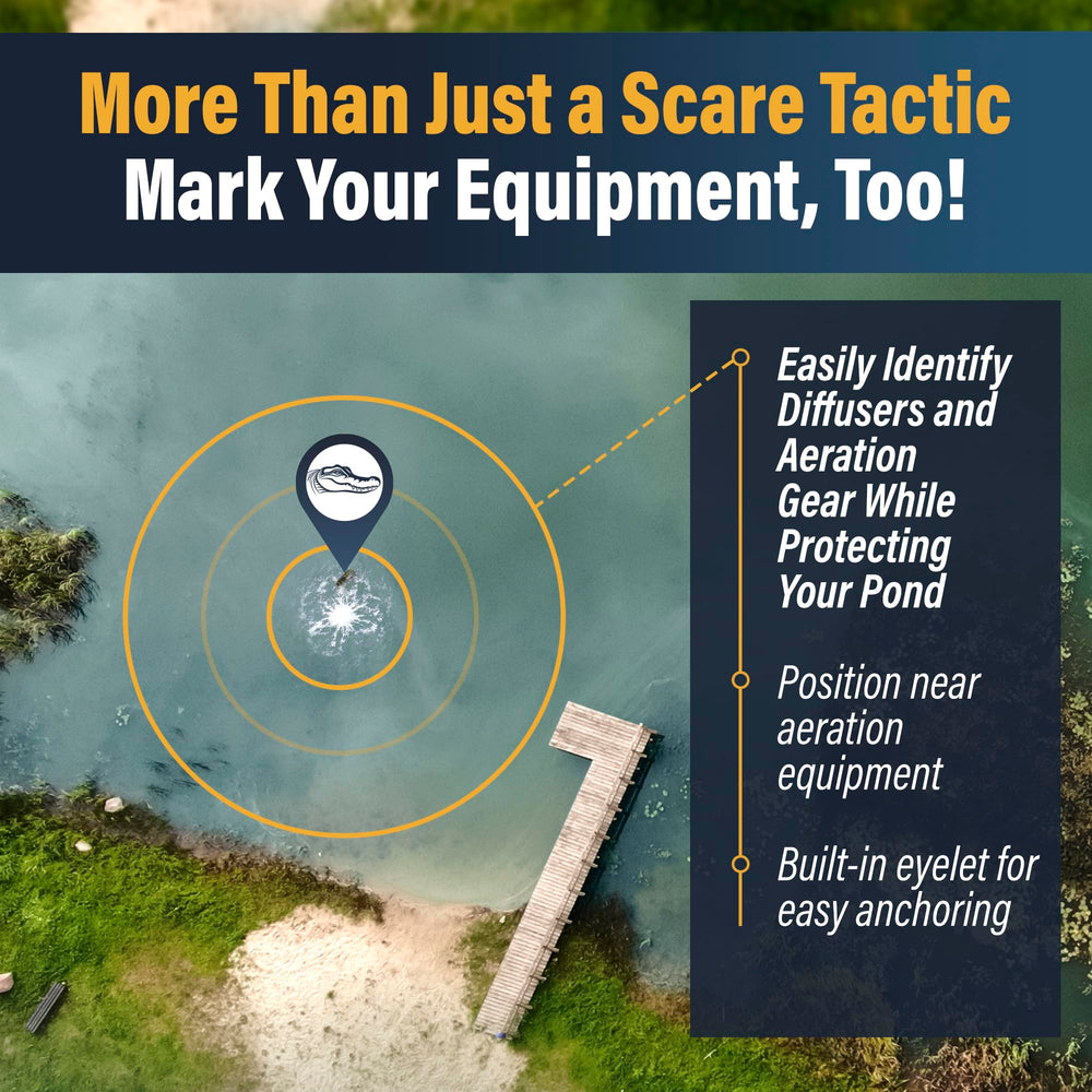 Outdoor Water Solutions gator by pond edge showing scale and easy identification of pond features