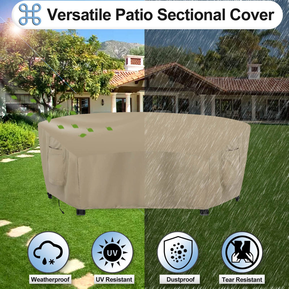 OutdoorLines secured cover on curved sectional with buckles cinched to resist wind