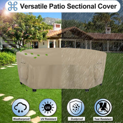 OutdoorLines secured cover on curved sectional with buckles cinched to resist wind