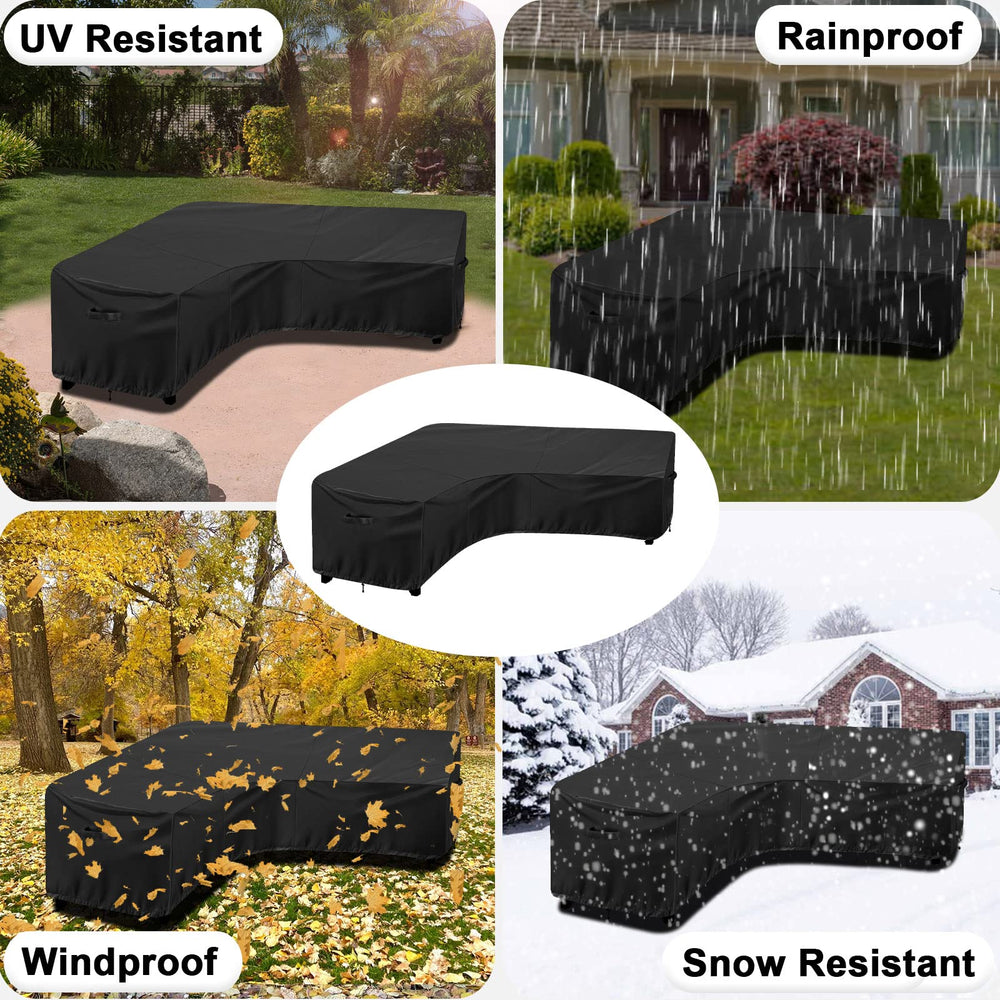OutdoorLines cover protecting sectional during heavy rain, keeps cushions dry