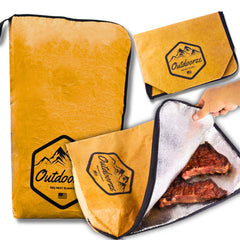 Outdoorze front packaging view showing durable insulated BBQ blanket benefit of easy storage