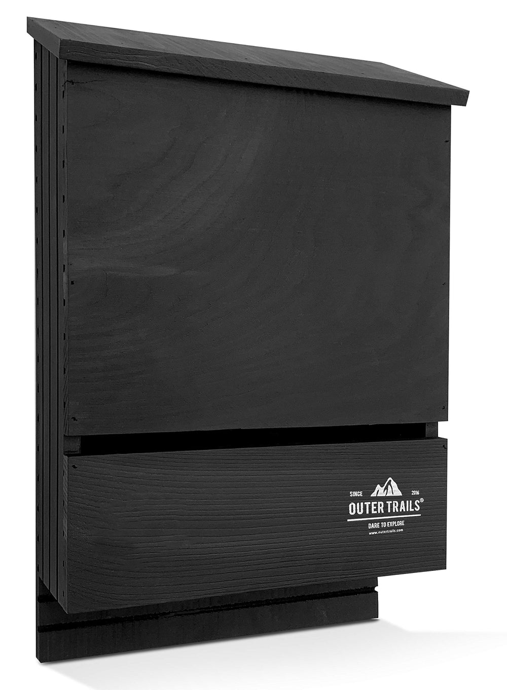 Outer Trails bat house front view showing durable cedar and black finish benefit: weather protection