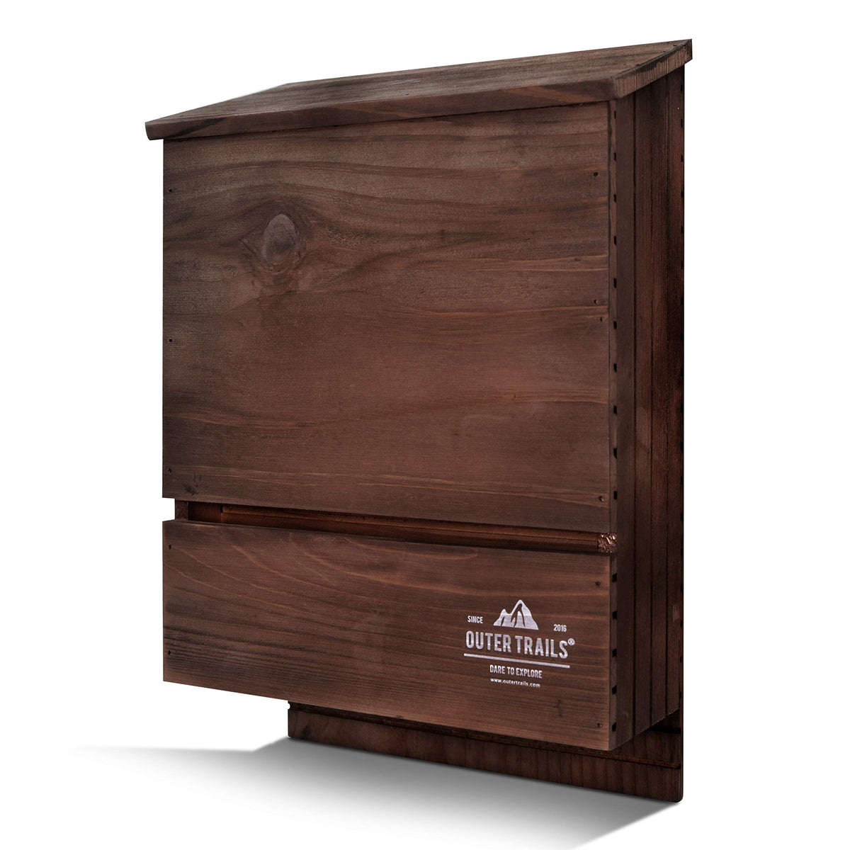 Outer Trails front view of brown bat house shows durable shelter and instant curb appeal