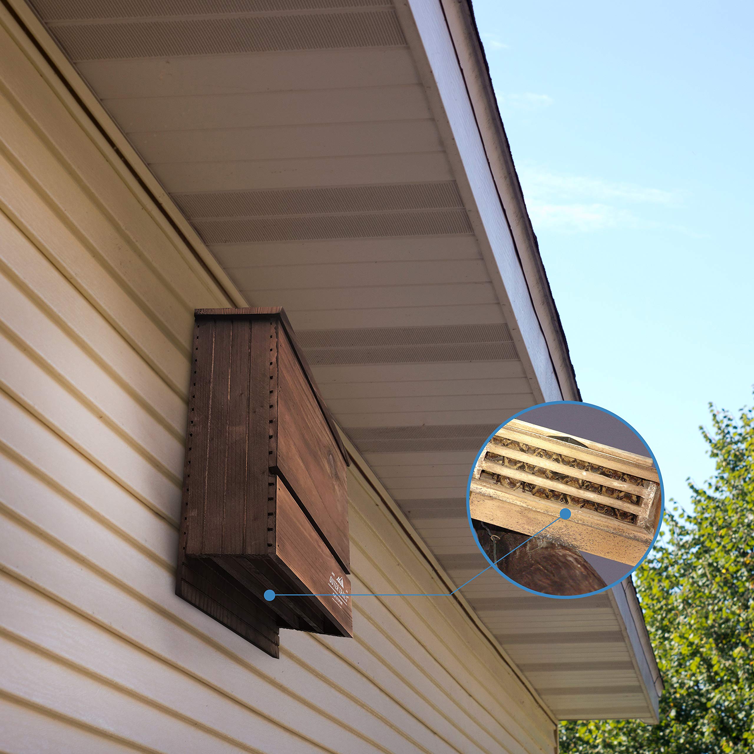 Outer Trails bat house in garden setting shows wildlife-friendly habitat and natural balance