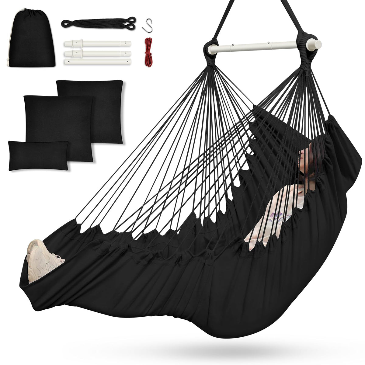 Outerman hammock chair front view showing full hanging seat and cushions for comfortable lounging