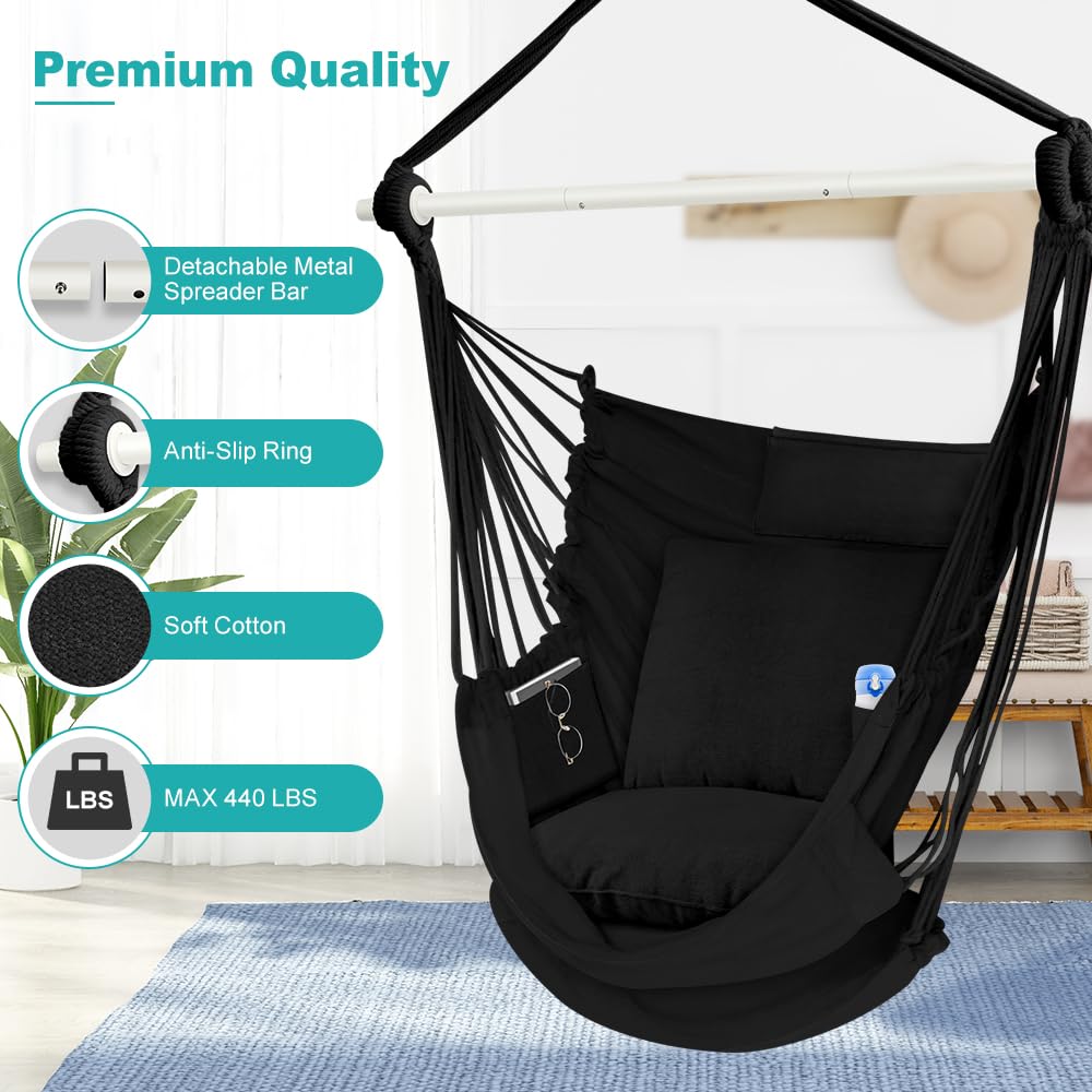 Outerman hanging chair on porch in use with relaxed person demonstrating stable support
