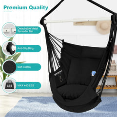 Outerman hanging chair on porch in use with relaxed person demonstrating stable support