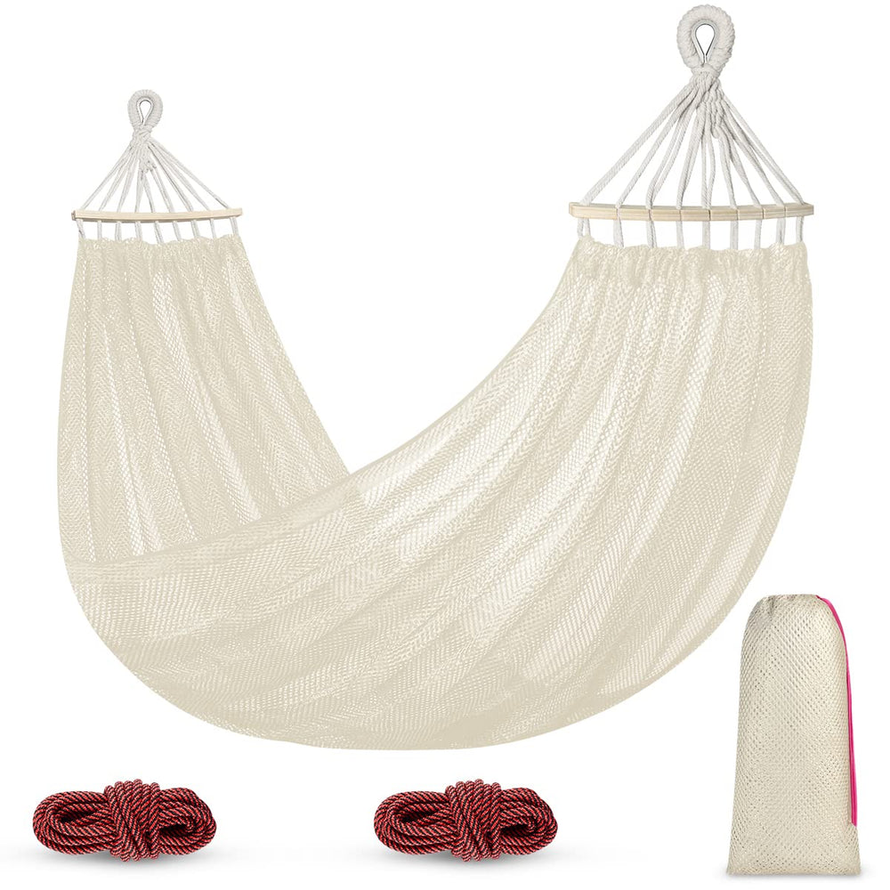 Outerman front view of hammock showing open bed and wooden spreaders for comfortable lounging
