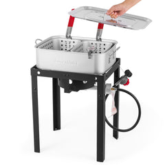 OuterMust front view of fryer showing pot and stand, visualizing capacity