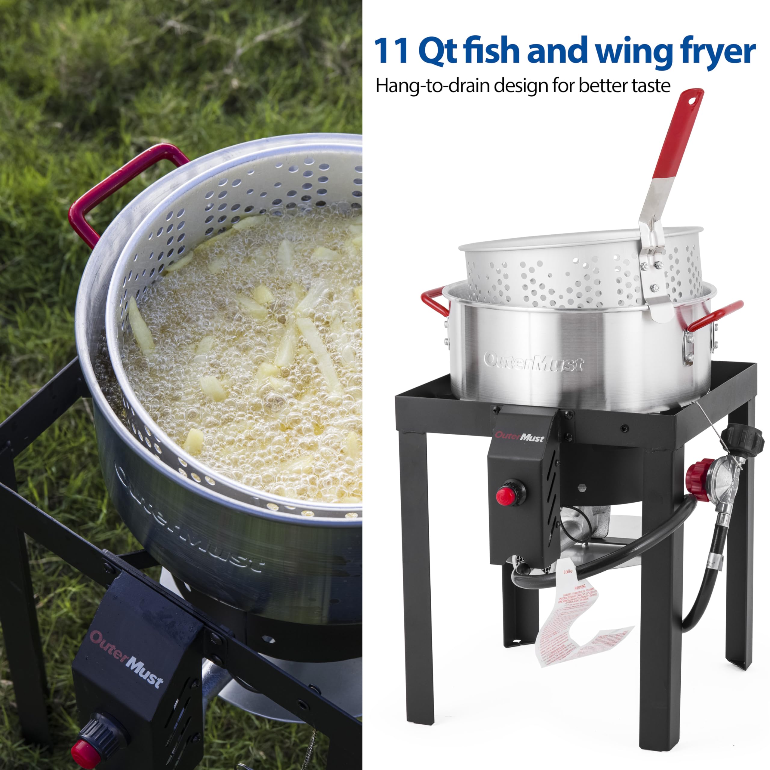 OuterMust hang-to-drain basket in use demonstrating safe oil and water draining